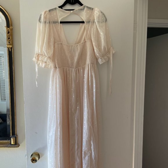 Little Mistress floor length dress, size 14, ivory w dots, puff sleeves - Picture 5 of 7